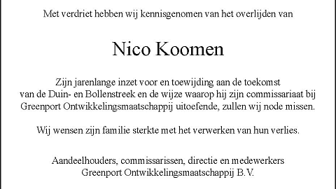 Overleden Nico Koomen, lid Raad van Commissarissen GOM Duin- en Bollenstreek